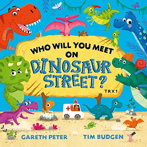 Colorful children’s book cover featuring various cartoon dinosaurs and a street sign.