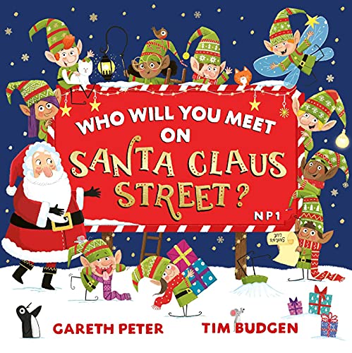 Colorful illustration of Santa Claus Street with elves, gifts, and snow.