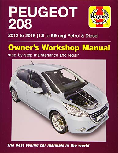 Haynes manual cover featuring a silver Peugeot 208 with open hood.