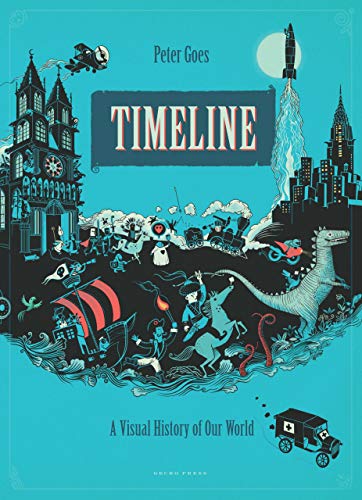 Book cover depicting historical scenes, from dinosaurs to space travel.