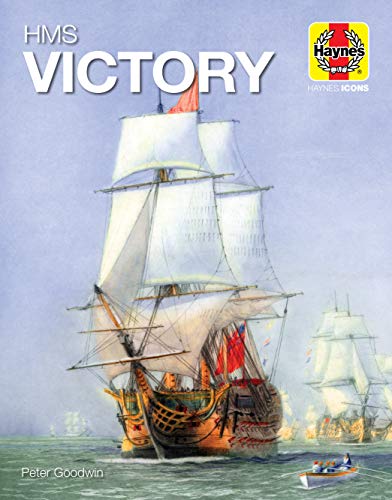 Painting of HMS Victory, a three-masted sailing ship, with blue sky.