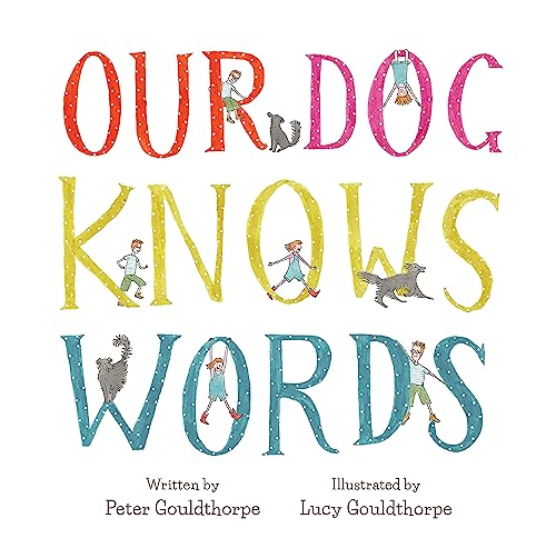 Book cover: "Our Dog Knows Words" with colorful lettering and illustrated figures.