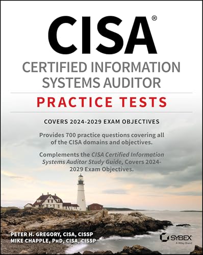 CISA practice test book cover with lighthouse image, for 2024-2029 exams.