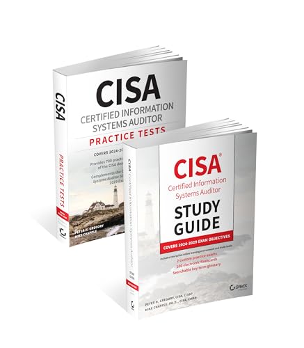 Two white-spined books titled “CISA Certified Information Systems Auditor” with landscape imagery.