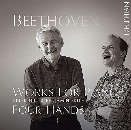 Black and white CD cover featuring two smiling men with overlaid text describing the music album.