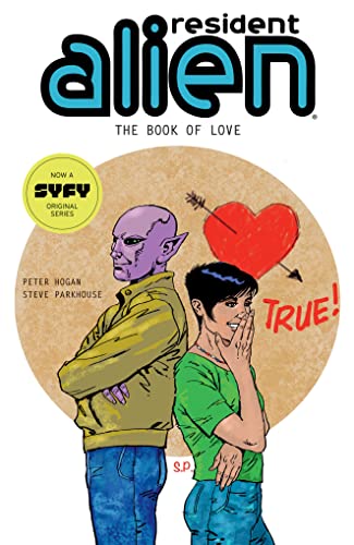Comic book cover: alien and human characters with a heart and arrow.