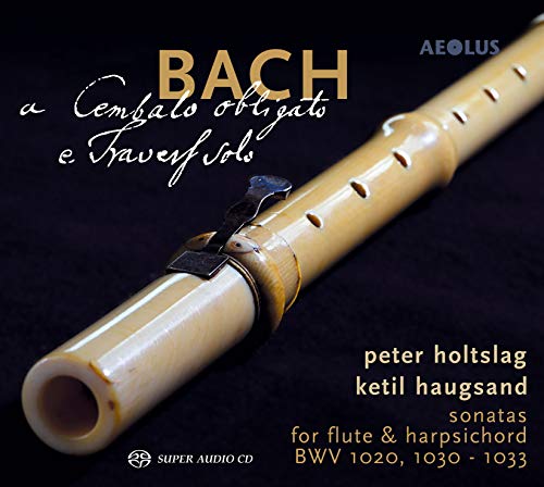 CD cover featuring a wooden flute and text: Bach sonatas for flute & harpsichord.