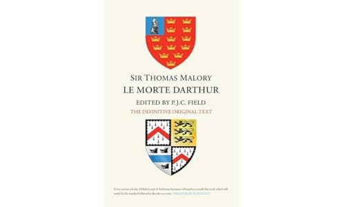 Book cover for “Le Morte Darthur” with heraldic shield designs.