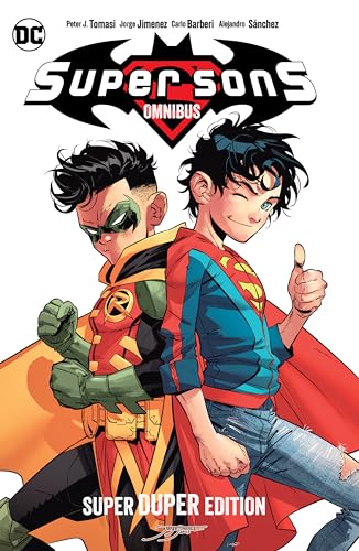 Comic book cover featuring Super Sons, Jon Kent and Damian Wayne, back to back.