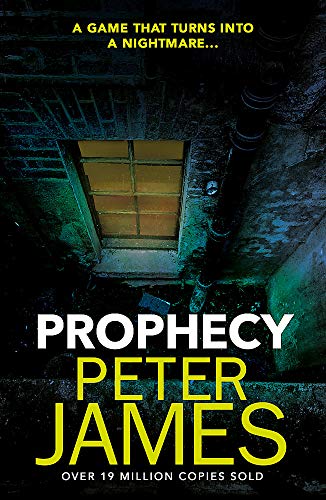 Book cover for “Prophecy” by Peter James, showing a dimly lit basement window.