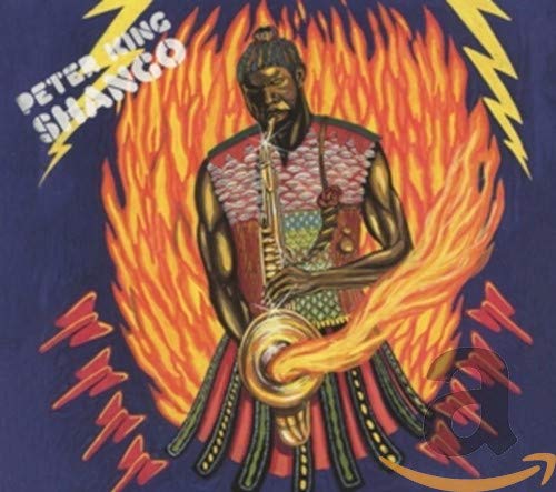 Peter King album cover: musician with saxophone surrounded by flames.