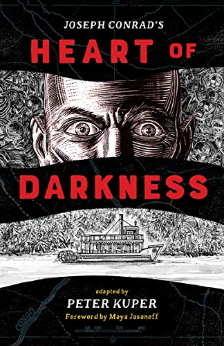Book cover for "Heart of Darkness" featuring a stern face and riverboat.