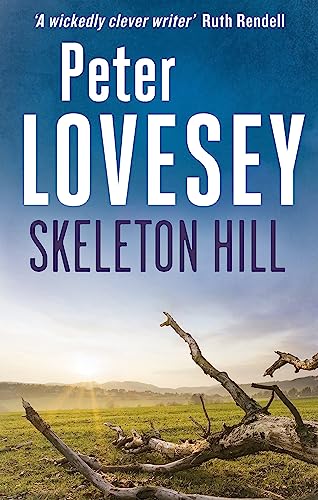 Book cover for Skeleton Hill by Peter Lovesey featuring a fallen tree in fields.