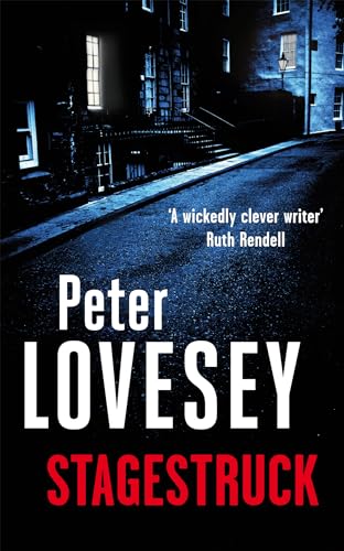Book cover: dark street scene with large white text "Peter Loveseey STAGESTRUCK".