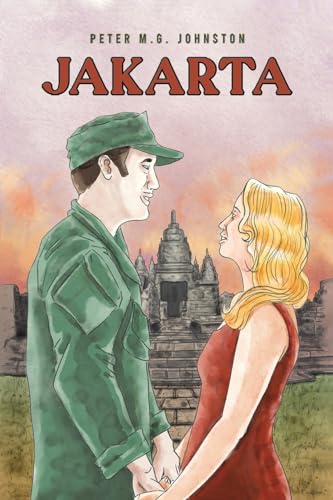Book cover: "Jakarta" with illustrated couple and temple background.