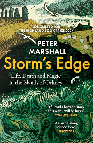 Book cover illustration showing a seal in stormy green waves beneath cliffs and sheep.