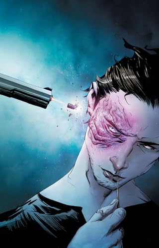 Man with exposed skull and circuitry, facing a gun firing nearby.