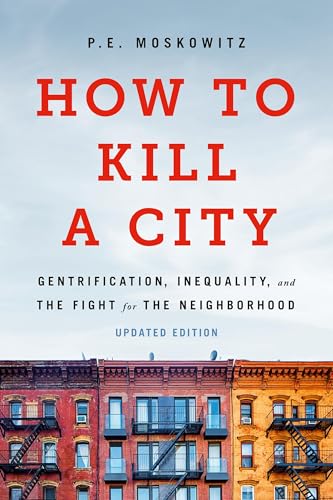 Book cover with red title text over a cityscape of brownstone buildings.