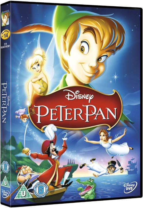 DVD cover for Disney’s Peter Pan featuring Peter, Tinkerbell, and Captain Hook.