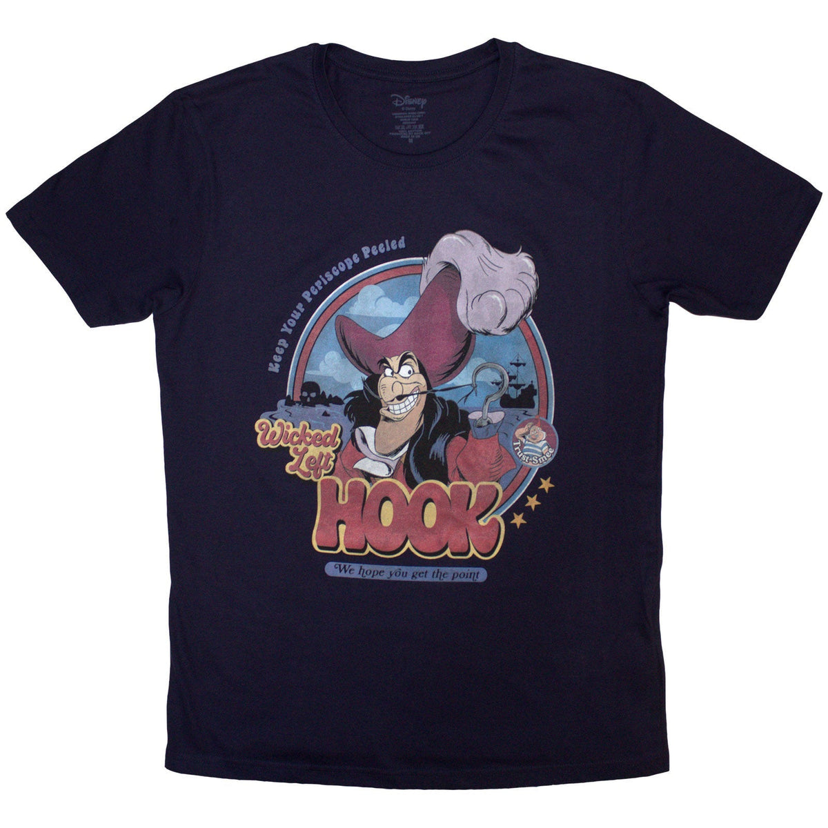 Navy blue t-shirt with a graphic of Peter Pan throwing a left hook.