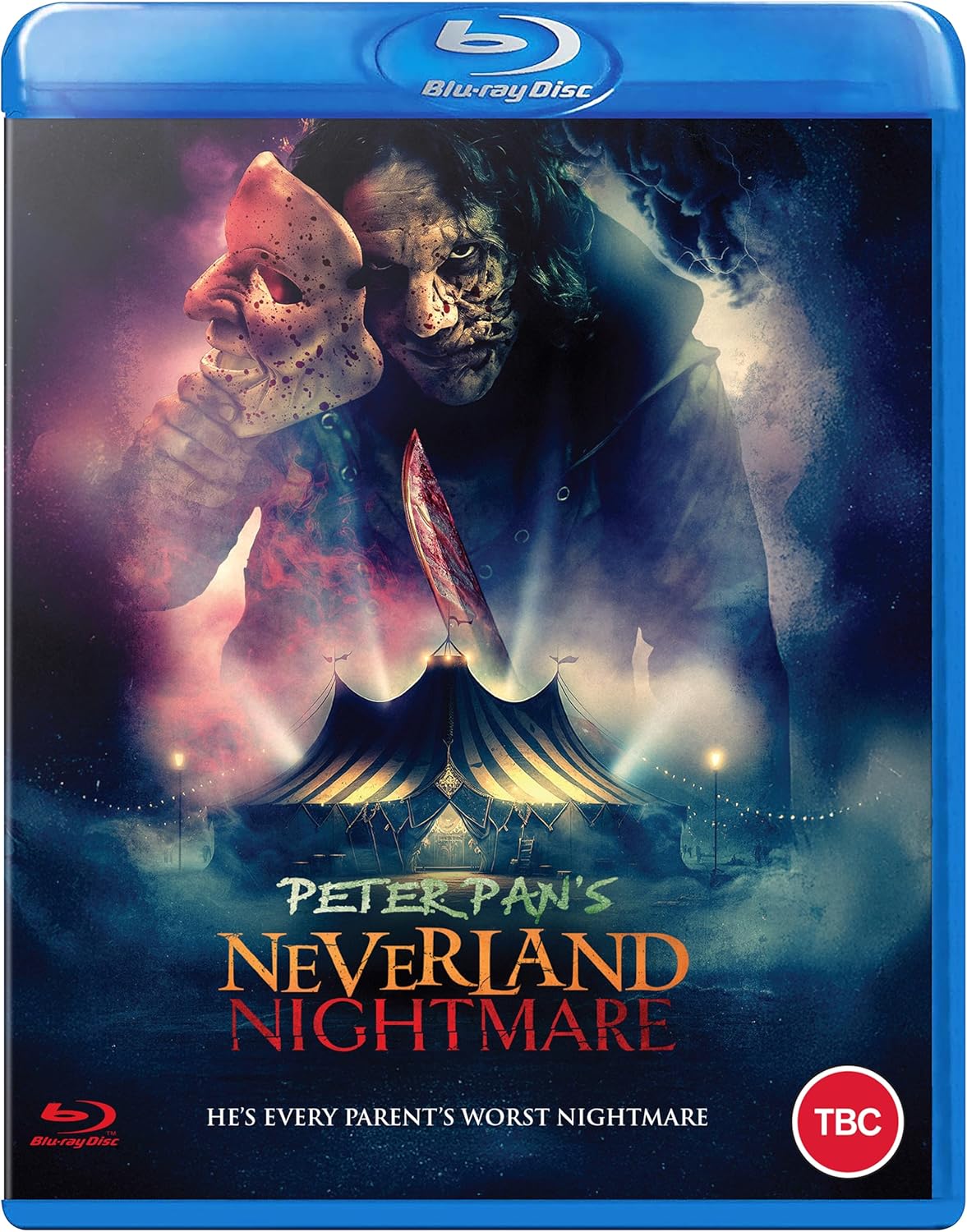 Blu-ray cover art featuring a masked figure above a dark, ominous circus tent.