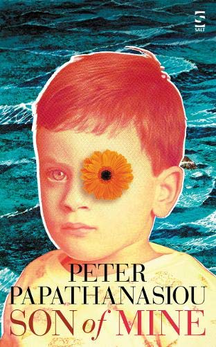 Book cover: child’s face with a flower over one eye, blue background.