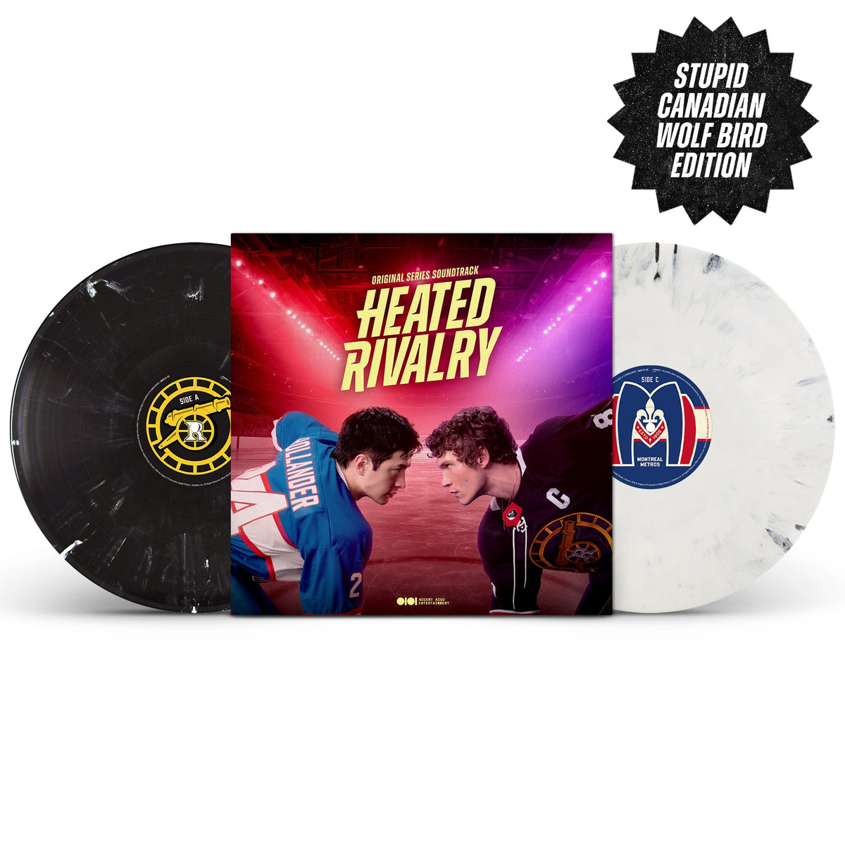 “Heated Rivalry” soundtrack vinyl with two records and album cover featuring hockey players.