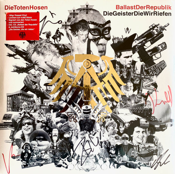 Collage of figures with guns and vehicles over a white background, signed.