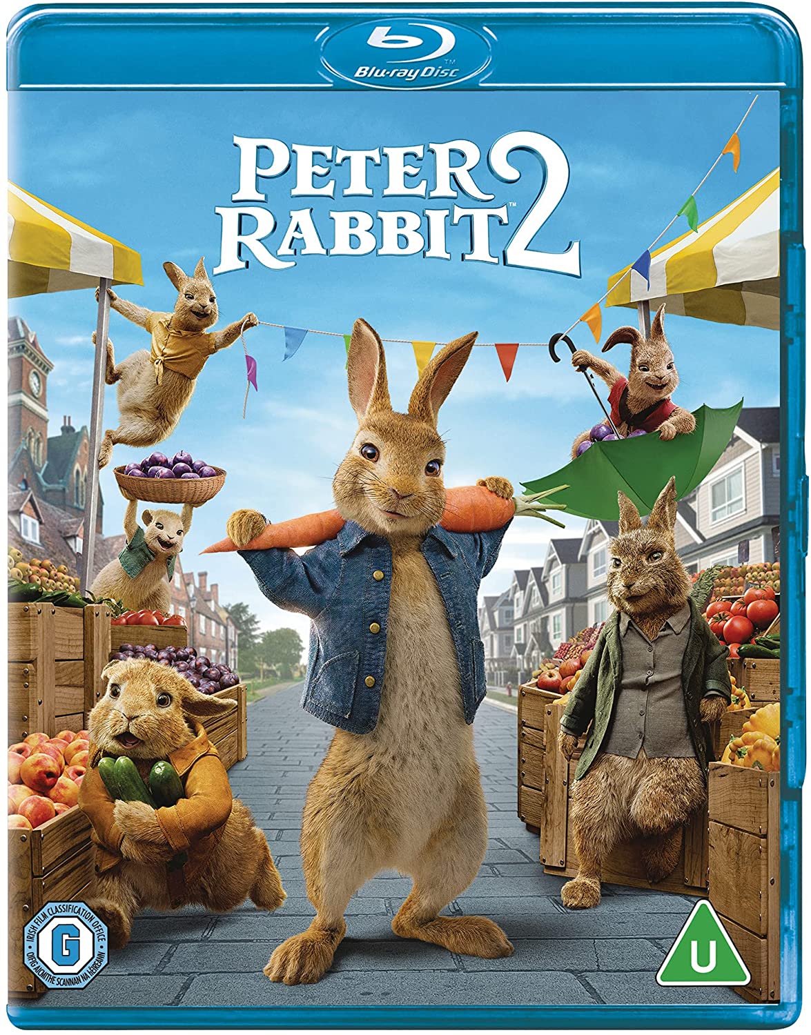 Peter Rabbit 2" Blu-ray cover featuring animated rabbits in a market scene.