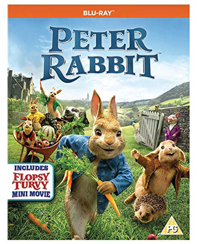 Peter Rabbit" Blu-ray cover featuring animated rabbits in a garden setting.