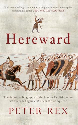 Book cover depicting medieval battle scene and the name “Hereward” in red.