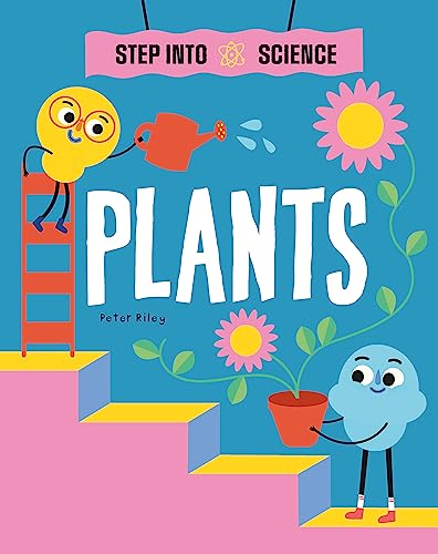 Book cover titled Step Into Science: Plants featuring cartoon characters watering a potted flower.