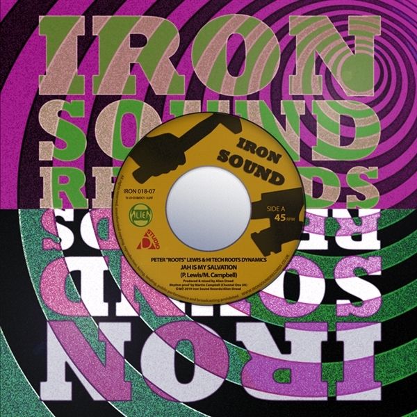 Vinyl record label with swirling purple and green psychedelic background.