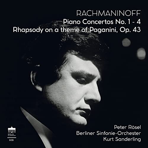 Black and white portrait of Sergei Rachmaninoff with album title text.