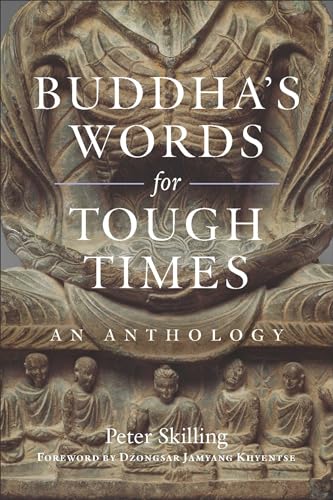 Book cover featuring sculpted Buddha figures and title “Buddha’s Words for Tough Times.”