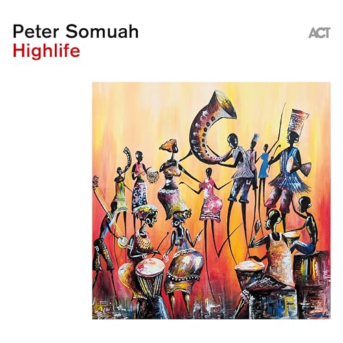Album cover for Peter Somuah’s “Highlife” featuring stylized figures with instruments.