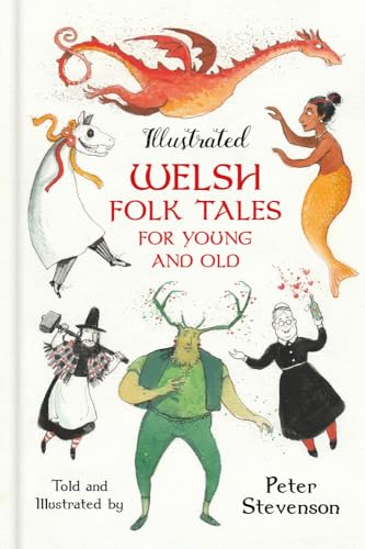Book cover with illustrations of Welsh folklore characters and a red dragon.