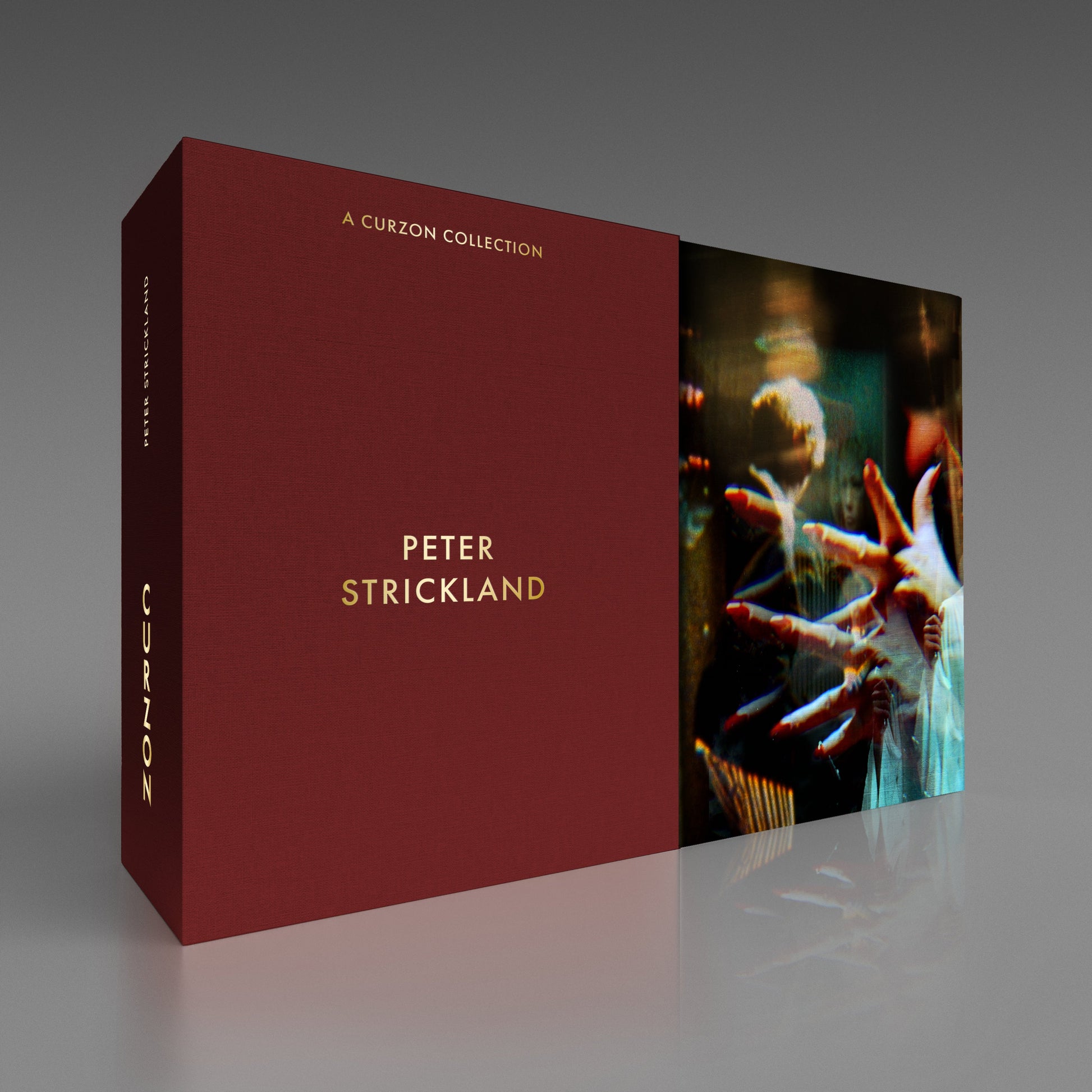 Red Blu-ray box set for Peter Strickland films, with a hand image.