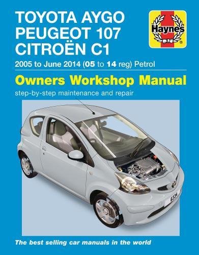 Haynes manual cover featuring a silver Toyota Aygo car engine bay open.