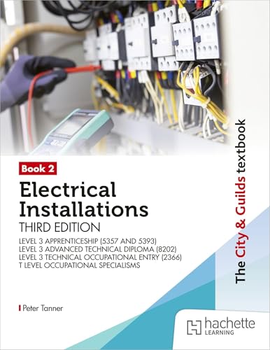 Electrical installations textbook cover with electrician testing a panel.