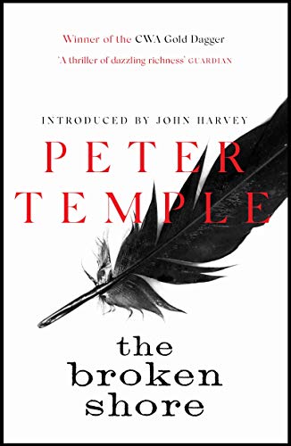 Book cover: black feather against red and white text, “The Broken Shore.”