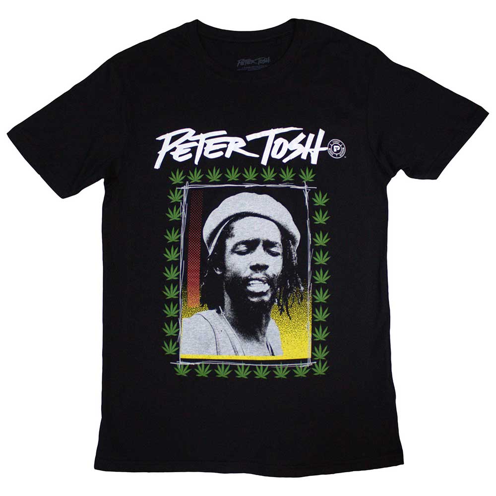 A black unisex t-shirt featuring a graphic of Peter Tosh framed by green leaves.
