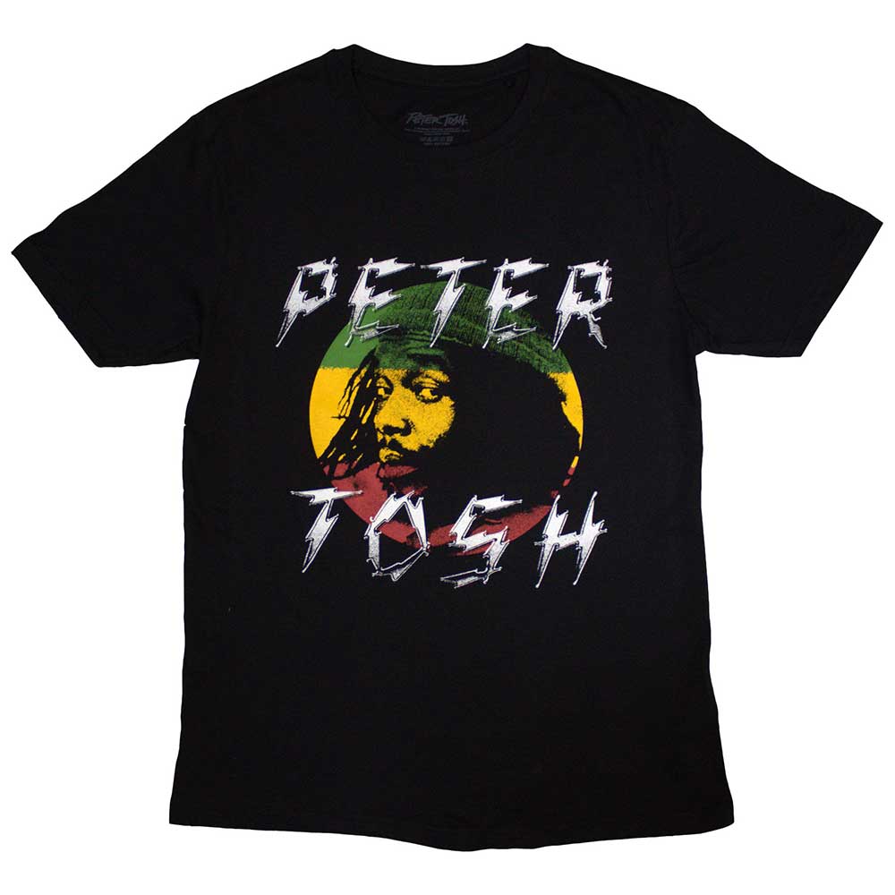 Black t-shirt with white lightning bolt logo, honoring reggae artist Peter Tosh.