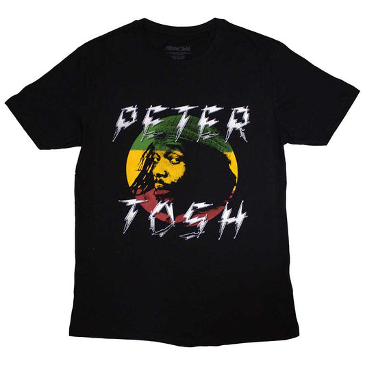Black t-shirt with white lightning bolt logo, honoring reggae artist Peter Tosh.