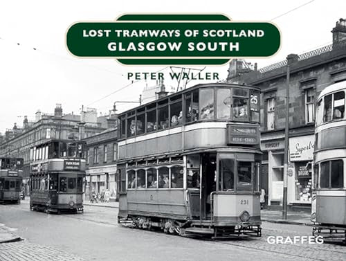 Vintage Glasgow trams on a city street, book cover illustration.