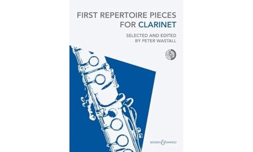 Clarinet music book cover with illustration of a clarinet and blue design.