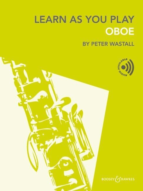 Yellow book cover with an oboe illustration and text: "Learn As You Play.