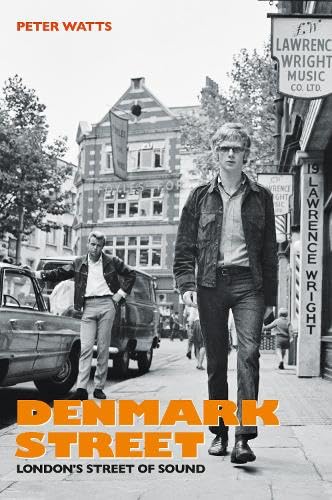 Book cover featuring a man on Denmark Street, London, with music shops.