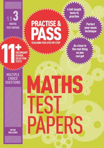 11+ Maths practice test papers book cover with gears and text.