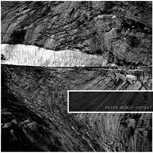 Black and white album cover with textured rock formations and text.